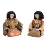 Two Japanese kabuki theatre dolls, Meiji period each with clay head and hands,