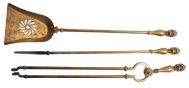A set of Victorian brass fire tools, second half 19th century; comprising shovel,