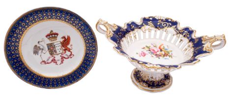 A Derby porcelain plate enamelled with the armorial device for Erskine within a blue and gilt