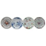 A group of four Chinese plates, Qianlong painted in famille rose, Imari and blue and white,