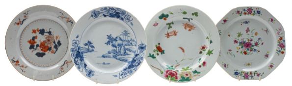 A group of four Chinese plates, Qianlong painted in famille rose, Imari and blue and white,
