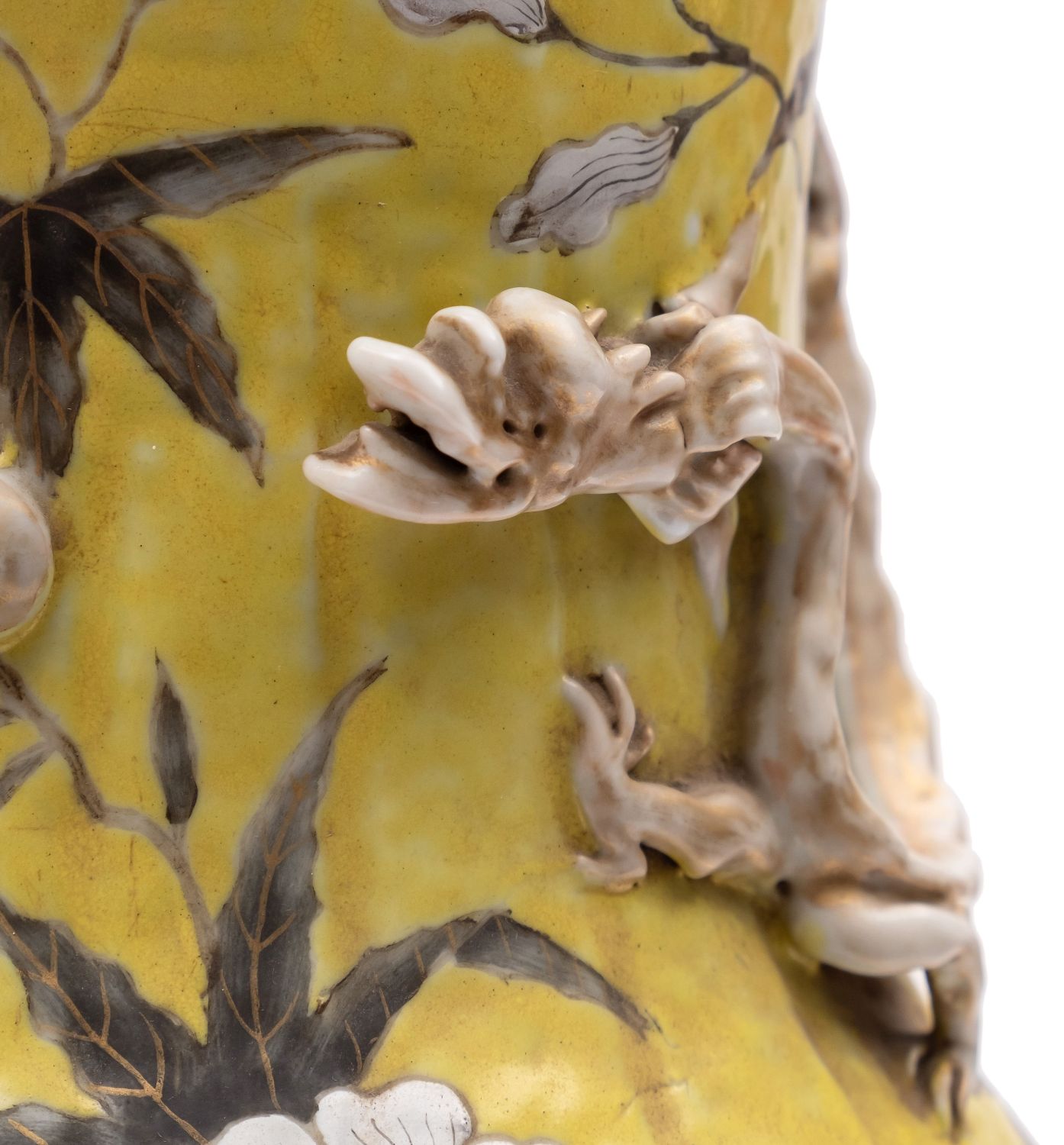 A Chinese yellow ground vase the neck with applied dragons and pleated rim, - Image 2 of 2