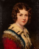 British School (19th Century) Portrait of a girl wearing an ermine trimmed coat Oil on canvas 39 x