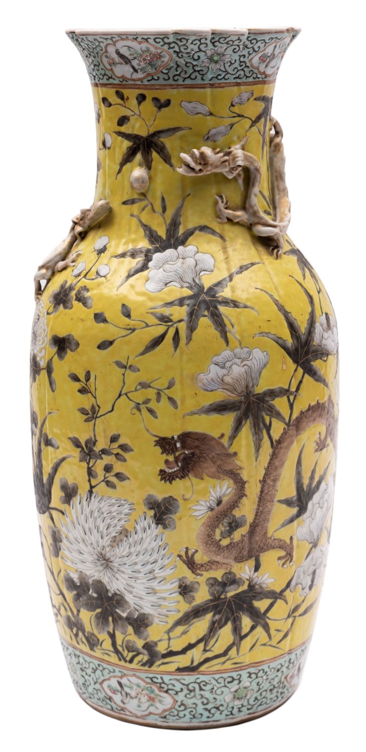 A Chinese yellow ground vase the neck with applied dragons and pleated rim,