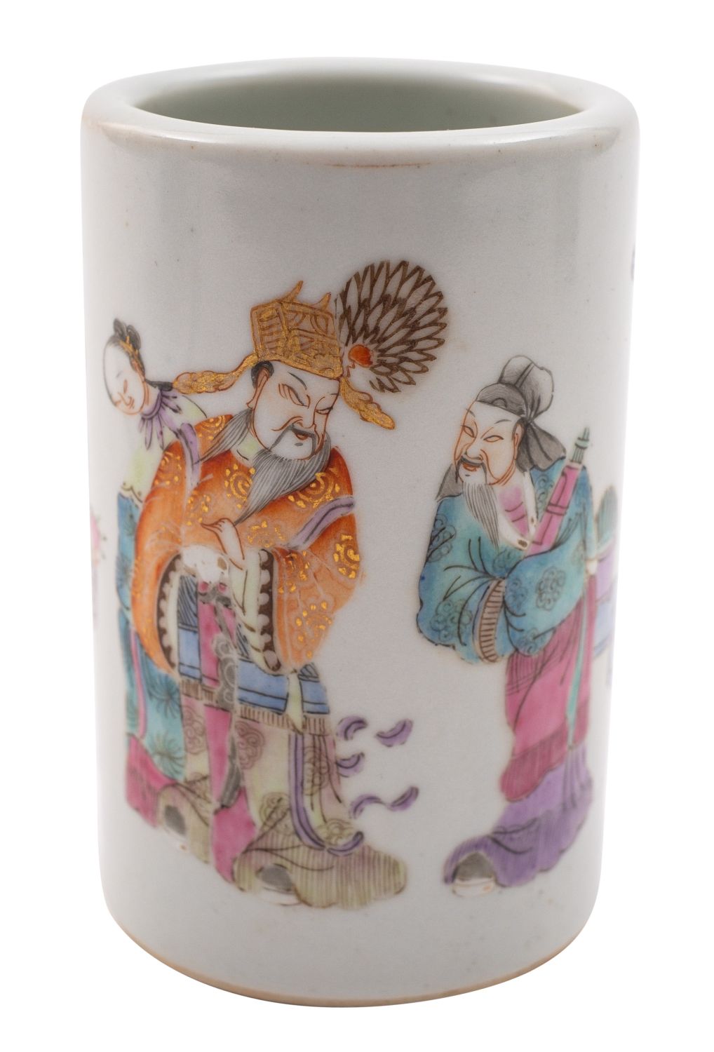 A Chinese famille rose bush pot of cylindrical form painted with a presentation scene,