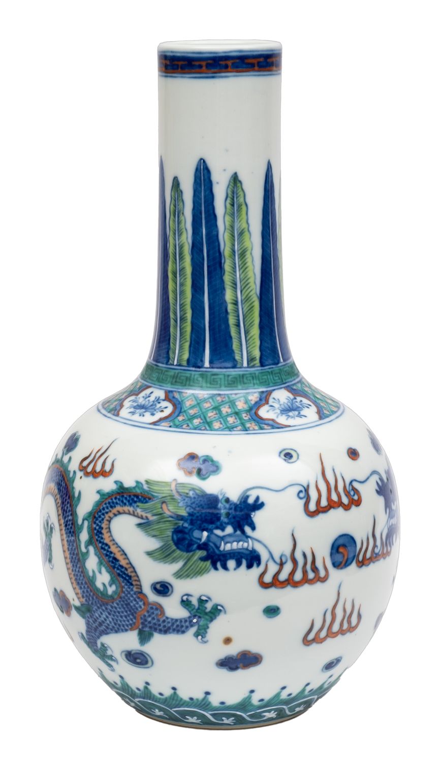 A Chinese doucai dragon bottle vase painted with opposing dragons persuing the sacred pearl amongst - Image 3 of 4