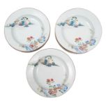 A set of twelve Chinese famille rose deep plates each painted with two vignettes depicting a pagoda