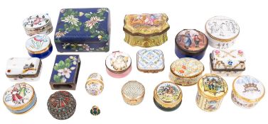 A collection of enamelled copper and ceramic boxes,