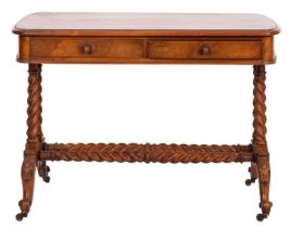 A Victorian walnut writing table, the rectangular top with a moulded edge and rounded ends,
