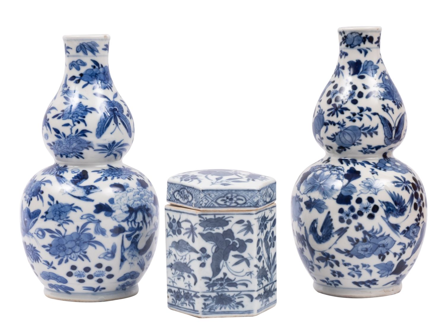 A pair of Chinese blue and white double gourd vases and a similar hexagonal box and cover all