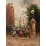 George Henry Jenkins (British, 1868-1919) Victorian city scene, Oil on canvas, 29.5 x 22cm.