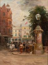 George Henry Jenkins (British, 1868-1919) Victorian city scene, Oil on canvas, 29.5 x 22cm.