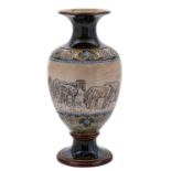 A Doulton Lambeth stoneware vase by Hannah Barlow sgraffito decorated with ponies in a landscape