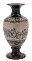 A Doulton Lambeth stoneware vase by Hannah Barlow sgraffito decorated with ponies in a landscape