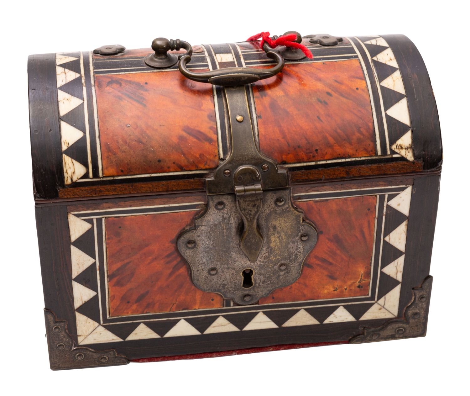 A tortoiseshell and bone veneered tea caddy, third quarter 19th century; the domed top,