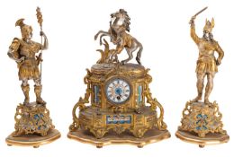 A French Victorian spelter and porcelain clock garniture having an eight-day duration timepiece