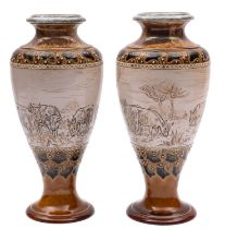 A pair of Doulton Lambeth stoneware vases by Hannah Barlow sgraffito decorated with donkeys and