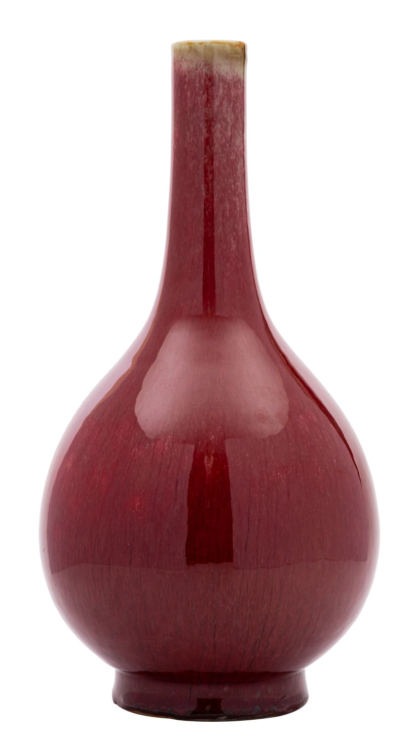 A Chinese sang-de-boeuf bottle vase with globular body, the glaze falling short of the slender neck,