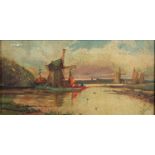 Continental School, 20th Century Windmills by a Lake Oil on Canvas 30 x 14 cm Signed 'J.