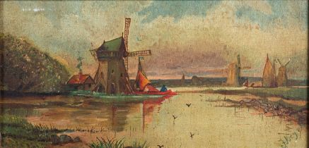 Continental School, 20th Century Windmills by a Lake Oil on Canvas 30 x 14 cm Signed 'J.