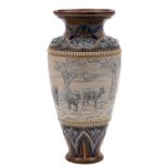 A Doulton Lambeth stoneware vase by Hannah Barlow sgraffito decorated with deer and fauns in a