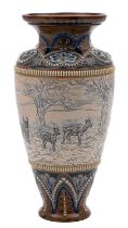 A Doulton Lambeth stoneware vase by Hannah Barlow sgraffito decorated with deer and fauns in a
