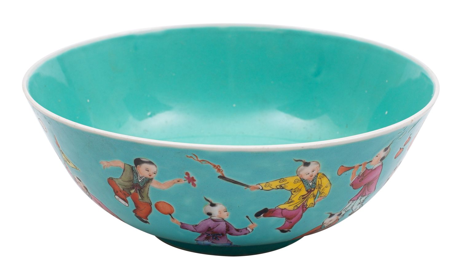 A Chinese porcelain turquoise ground 'Boys' bowl, - Image 2 of 2
