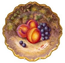 A Royal Worcester fruit painted plate with gilt gadrooned rim, painted by Harry Ayrton with peaches,