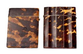 Two early Victorian tortoiseshell, white metal mounted and ivory banded visiting card cases,