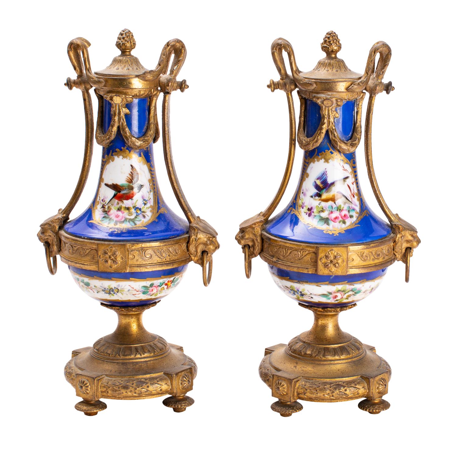 A pair of French gilt metal mounted Paris porcelain style urns,
