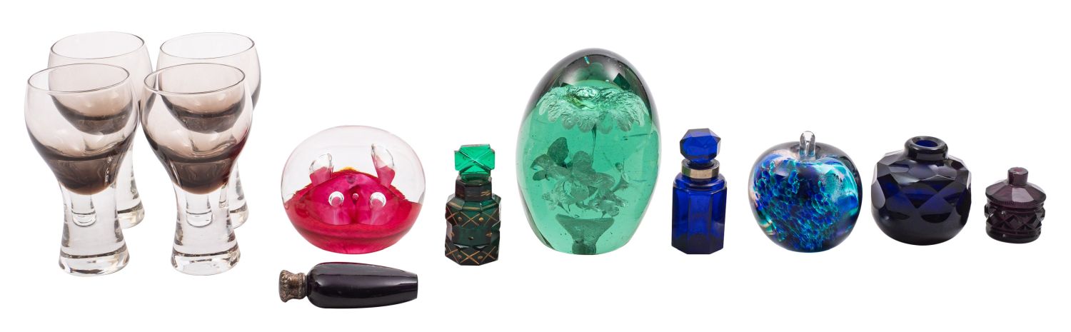 A mixed quantity of coloured glass, including three blue glass scent bottles, - Image 2 of 3
