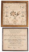 Two needlework samplers, one the work of Winifred Woods, dated 1829, with religious text,