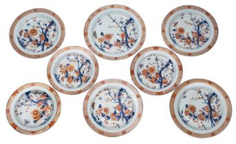 A set of eight Chinese 'Imari' dishes in three sizes, each decorated in underglaze blue,