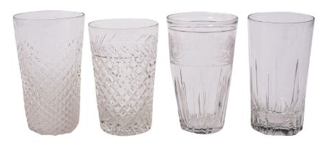 A mixed group of drinking glasses, comprising an ale mug engraved with hops and barley,