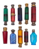A group of ten late 19th century coloured glass scent bottles some double ended,