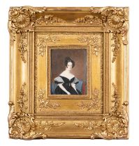 French School, 19th Century A Lady wearing a black dress, seated Watercolour on Ivory 10.