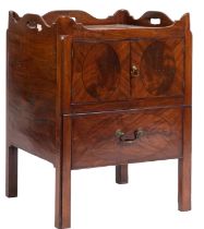 A George III mahogany square tray top commode, the shaped gallery with pierced carrying handles,
