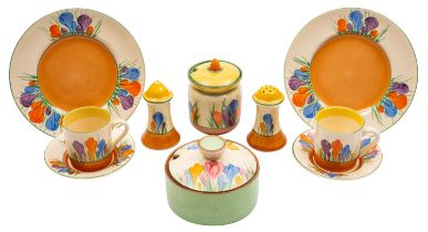 A small group of Clarice Cliff pottery, comprising a pair of coffee cans and saucers,