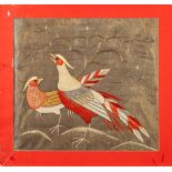 Two Japanese silk and metal thread pictures one depicting pheasants amongst pine branches,