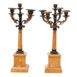 A pair of Charles X patinated and parcel gilt bronze and marble mounted five light candelabra,