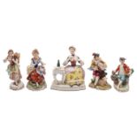 Five mixed Continental porcelain figures, comprising two Sitzendorf figures of ladies,