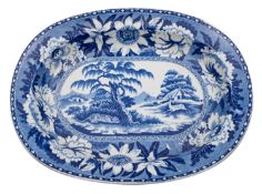 A blue and white transfer decorated meat plate by an unknown maker decorated in the Leopard and