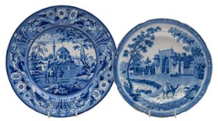 Two blue and white transfer decorated plates,