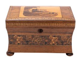 A Victorian rosewood and Tunbridgeware tea caddy,