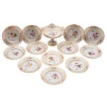 A Meissen part dessert service with shaped and gilded pierced basket weave rims,