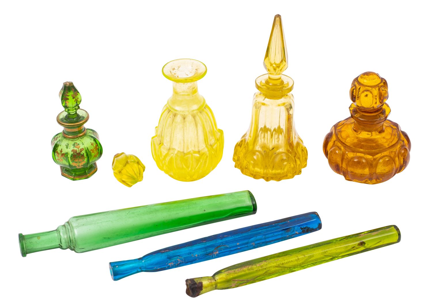 A group of ten late 19th century decorated and coloured glass scent bottles and stoppers together - Image 2 of 2