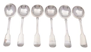 A set of five Victorian silver soup spoons, Mary Chawner, London 1840, Fiddle pattern,