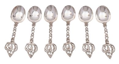 A set of six French silver spoons, original marks rubbed, import marks, London 1900,
