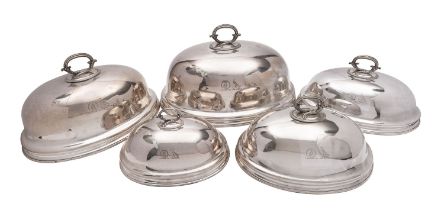 A set of five graduated Old Sheffield Plate meat domes with Electro Plated Nickle Silver detachable