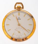 Tudor, a gold-plated pocket watch the dial with raised baton numerals and hands,